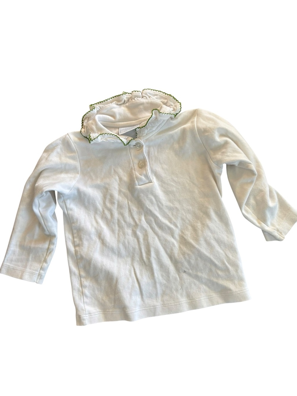Little English 5 Girls White Ruffle Collar Long-Sleeve Top with Green Trim - Picture 2 of 5